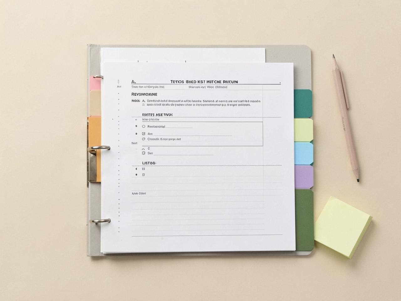 An open ring binder with coloured subject dividers and a printed revision sheet